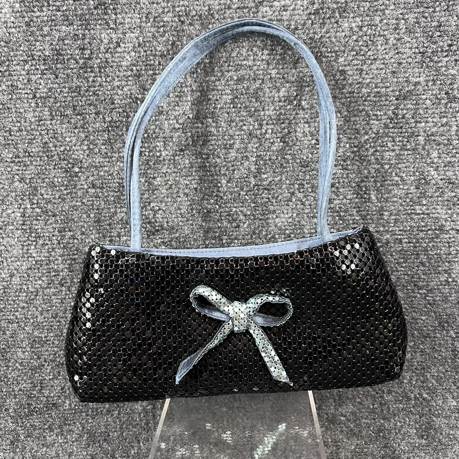 Vintage Y2K Small Black Metal Mesh Women's Handbag Blue Bow Purse Night Out