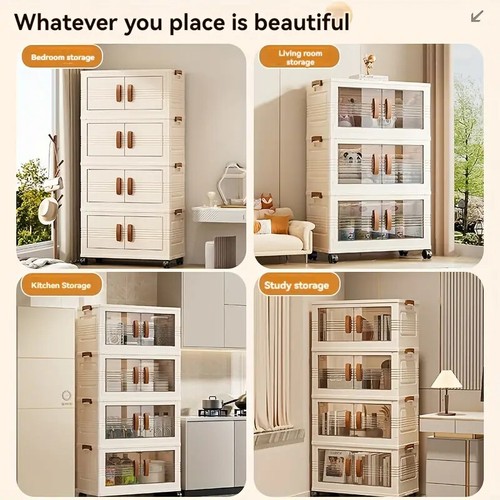 5 Tiers Pack Stackable Storage Cabinet Folding Home Organizer Lockable Wheels - Picture 2 of 15