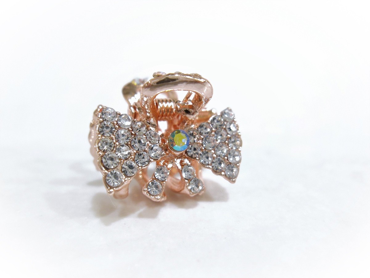 Small mini rose gold bow shaped hair claw clip with crystals  display picture 1