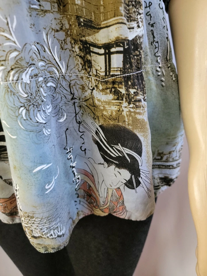 Tianello -Sz S Exquisite ASIAN GEISHA 3/4 Blue Rayon FLORAL Artsy Top Blouse #W1 - Image 4 of 4