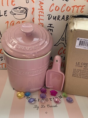LE CREUSET SATIN PINK PET FOOD CONTAINER W/ SCOOP NIB DISCONTINUED