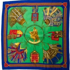 HERMÈS Cuirs Du Desert Silk Twill Scarf 90cm Green/ Blue