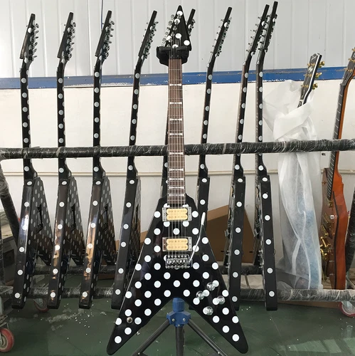 Custom V Randy Rhoads Polka White Dot Electric Guitar Black HH Pickups Guitar
