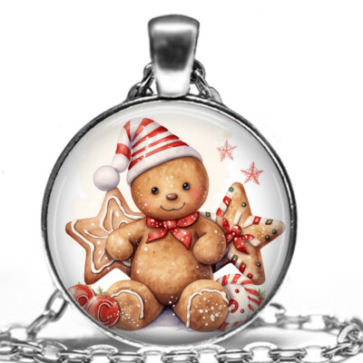 Christmas Gingerbread Teddy Bear Cookies Pendant Necklace Holidays Jewelry