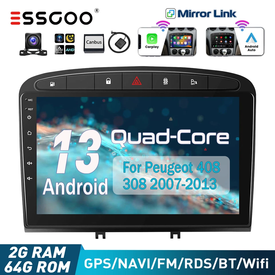 9" Android 13 Carplay Autoradio GPS 2+64G Kamera Für Peugeot 408 308 SW 07-2013