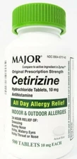 Major Cetirizine Hydrochloride Antihistamine 10mg Tablets 500ct -Exp 12-2026