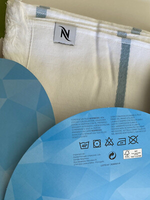Nespresso Upcycled Cotton BEACH TOWEL - 150 x 90cm - NEW BOXED White / Blue
