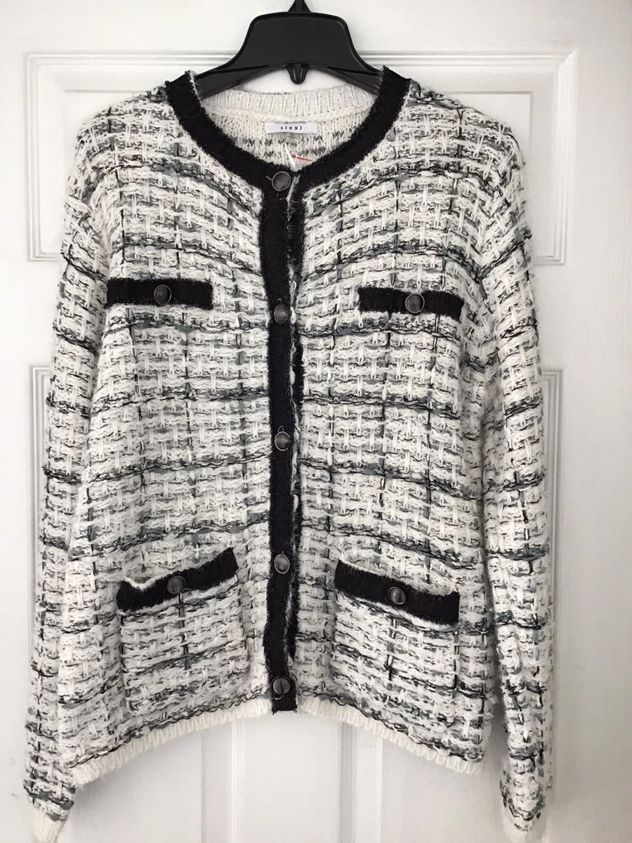 NWT Sioni Nubby Knit Black White Blue Button Down Wool Blend Cardigan Sweater M
