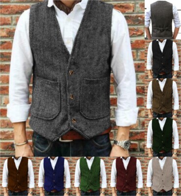 Elegant Herren Tweed Weste Jage Retro Herringbone Wolle Vintage Hochzeit Gilet+