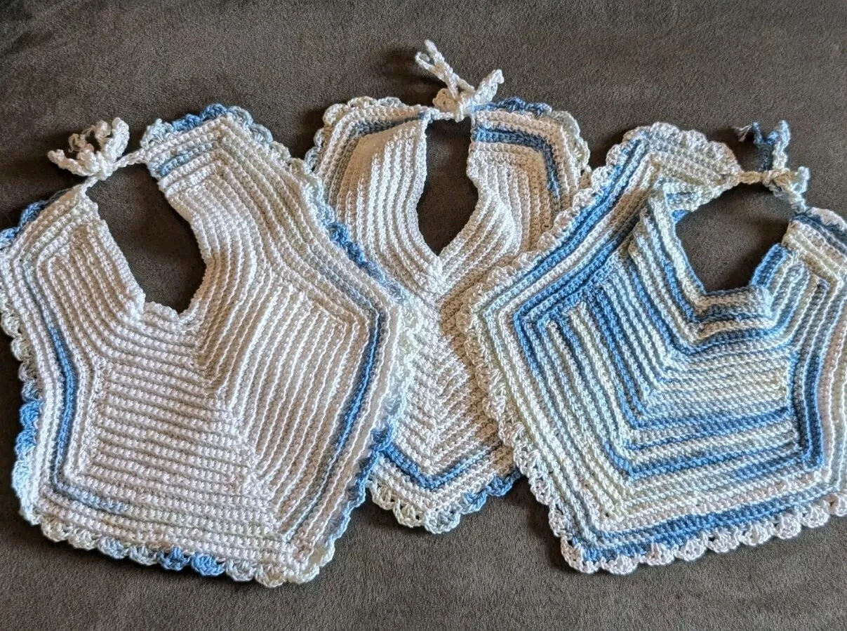 (3) Vintage Knit Baby Bibs Blue And White Boy Granny Nursery Decorative Cute