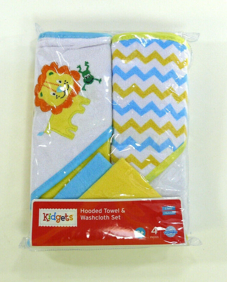 NWT Kidgets baby bath HOODED TOWEL WASHCLOTH SET 4 Pc. Blue