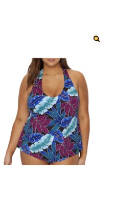 NWT Leilani BLACK Plus Size Oceania Underwire Tankini Swim Top Sz 16W