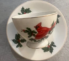 Lefton Cardinal Holly Berries Teacup and Saucer 1297 Hand Painted Fine China