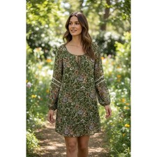 Entro Green Floral Tie Neck Long Sleeve Mini Dress Womens Size Medium