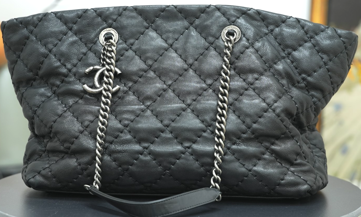 CHANEL Classic Black Silver Tote Shoulder Bag with External Stitching
