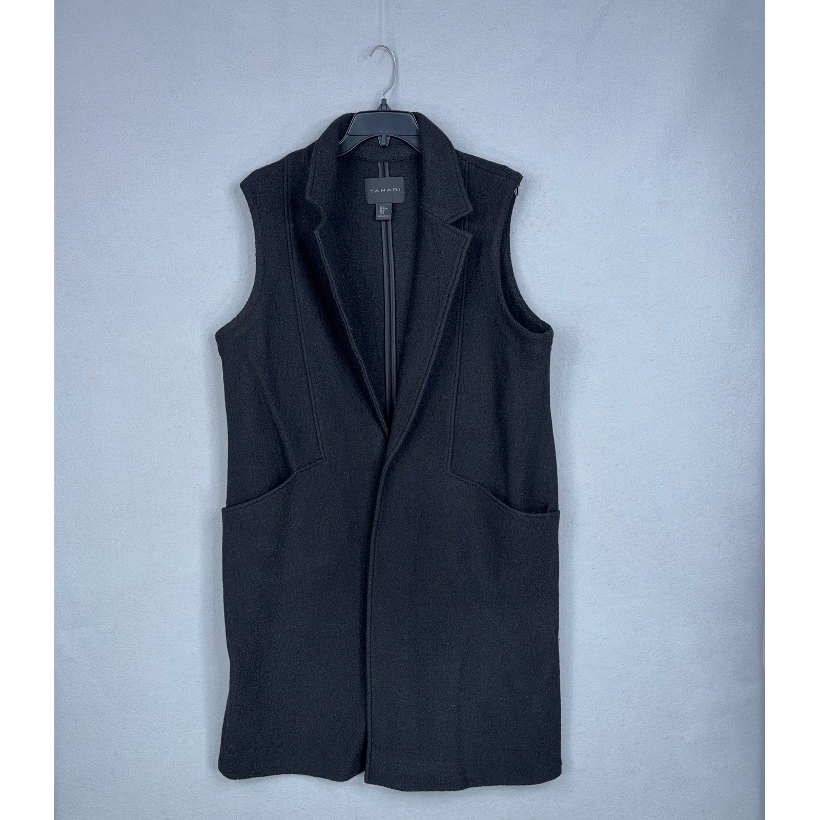 Tahari Vest Womens XL Black Long Wool Blend Sleeveless Open Front Minimalist