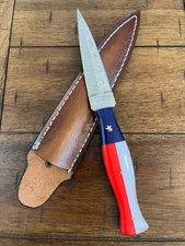 CUSTOM HANDMADE DAMASCUS TEXAS FLAG HANDLE BOOT DAGGER & PREMIMUM LEATHER SHEATH