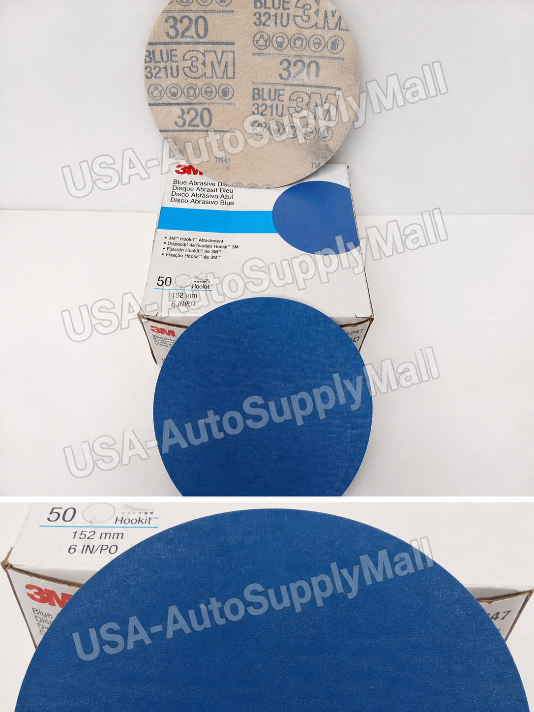 3M 36247 Hookit Blue Sanding Discs 6" 320 Grit 321U No Hole 50 Pack