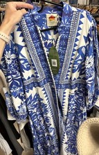 Farm Rio Tropical Palm Print Summer Midi Dress Blue White Made in Brazil Size M