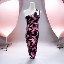 Fashionpoet Pink Black One Shoulder Bodycon Midi Dress Ruched Party Womens L