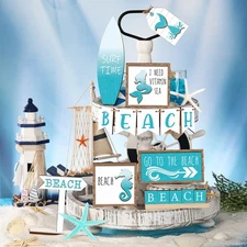 FairySandy 14 Pcs Summer Beach Tiered Tray Decor Set Farmhouse Wooden Beach S...