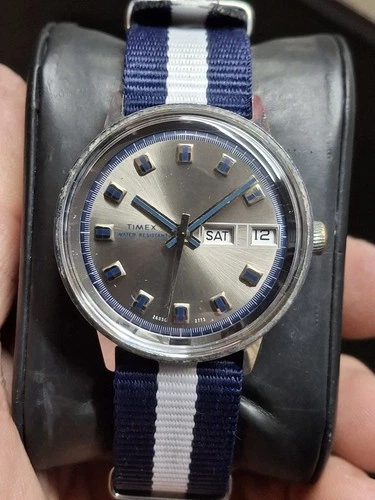 Timex Marlin 1973 Silver Tone Blue Indice Mens Vintage 1970s Mechanical Handwind