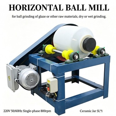 220V Horizontal Drum Ball Mill Lab Glaze Quartz Ore Grinder with 5L Ceramic Jar