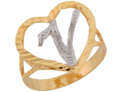 10k oder 14k zweifarbiges Gold ausgefallene Schrift Buchstabe V schöner Herz Initialen Ring