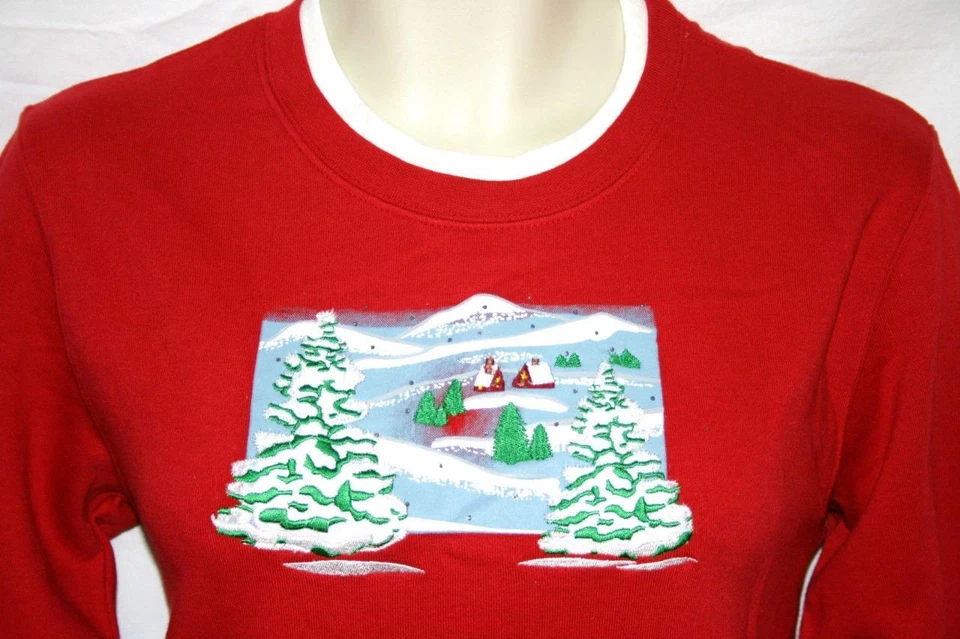 Sudadera Mercer Roja Forrada de Vellón Diseño de Escena de Invierno Pullover Top Talla M Nueva con Etiquetas Foto 3 de 3