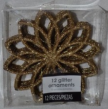12 Christmas Tree Ornaments Gold Sparkle Snowflake Flower Holiday Glitter NEW