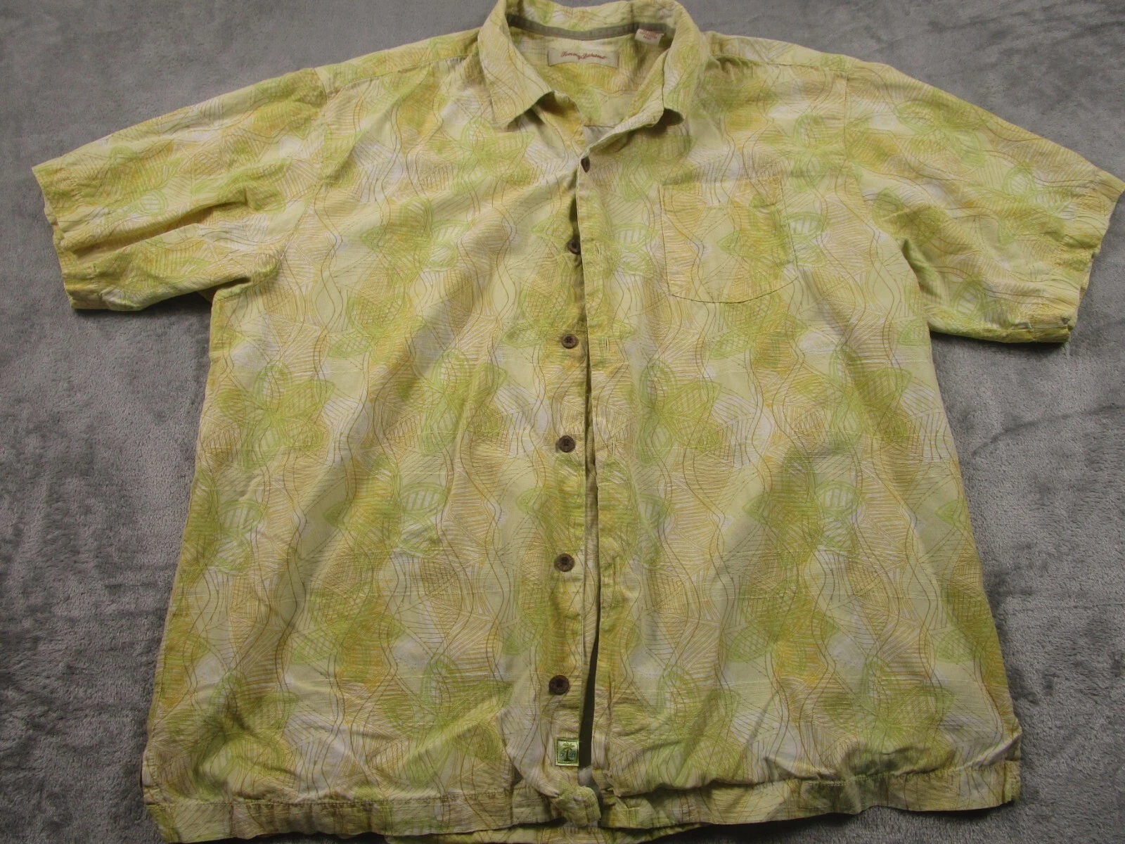 Tommy Bahama Shirt Mens XL Yellow Silk Button Up Loop Collar Casual Modern