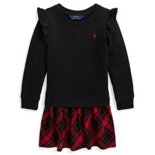 Polo Ralph Lauren Girl's Plaid Fleece Sweatshirt Dress, Black - Size Large