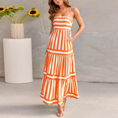 Summer Striped Printed Suspender Long Dress With Pockets Fashion Square Neck Backless Dresses For Beach Vacation Women Clothing Orange / M Summer Striped Printed Suspender Long Dress With Pockets Fashion Square Neck Backless Dresses For Beach Vacation Women Clothing Orange / M