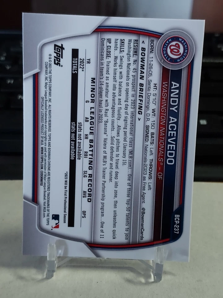 2023 Bowman Chrome Sapphire Andy Acevedo 1st BCP-237 Prospect Washington Nats - Image 2 of 2