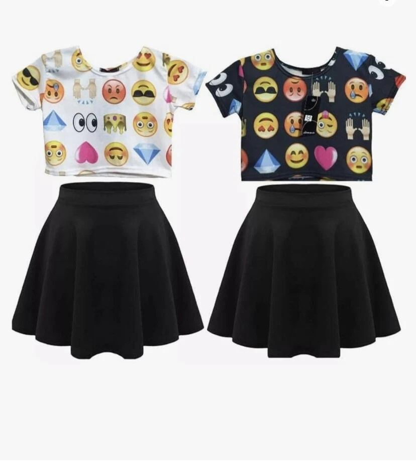 Kids Girls Emoji crop Top skater skirt Two piece summer out fit