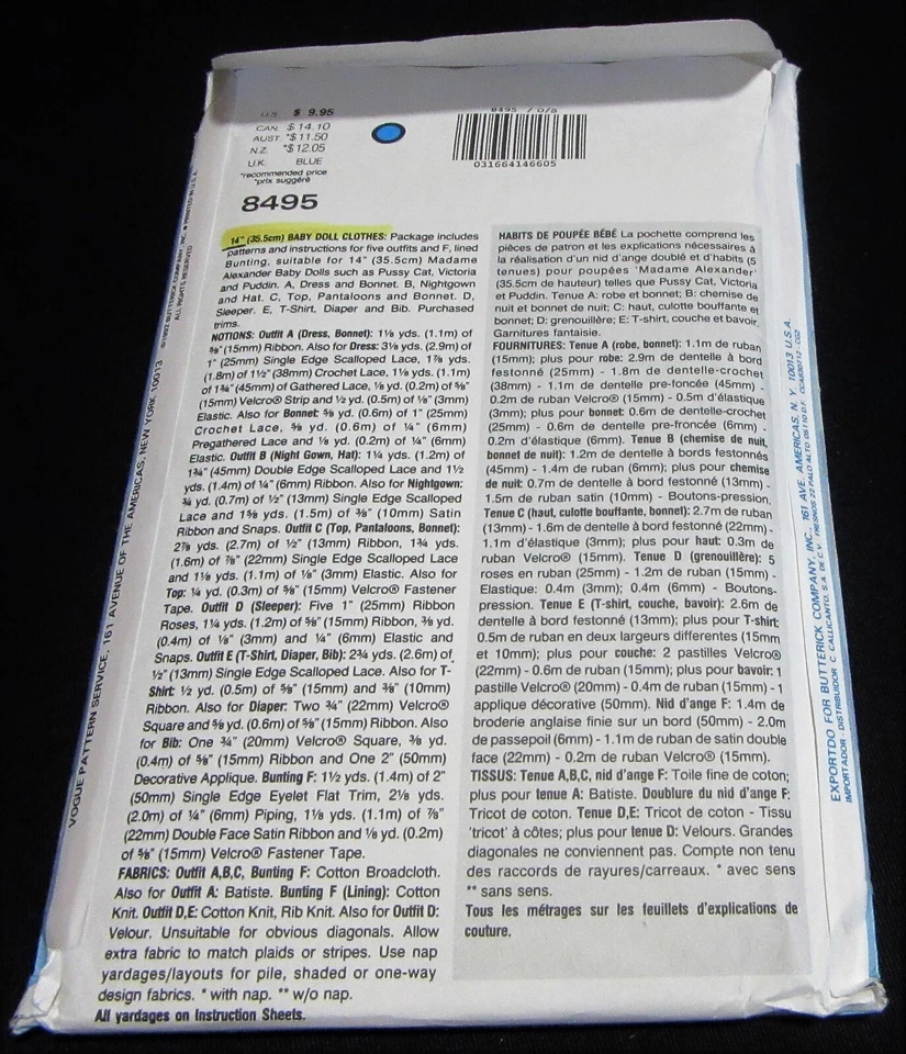 VOGUE #8495 - 14" MADAME ALEXANDER DOLL CLOTHING SEWING PATTERN UNCUT FF - Image 4 of 4