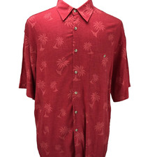 Pierre Cardin L Solid Red Palms Rayon Button-Up Short Sleeve Casual Men's Shirt