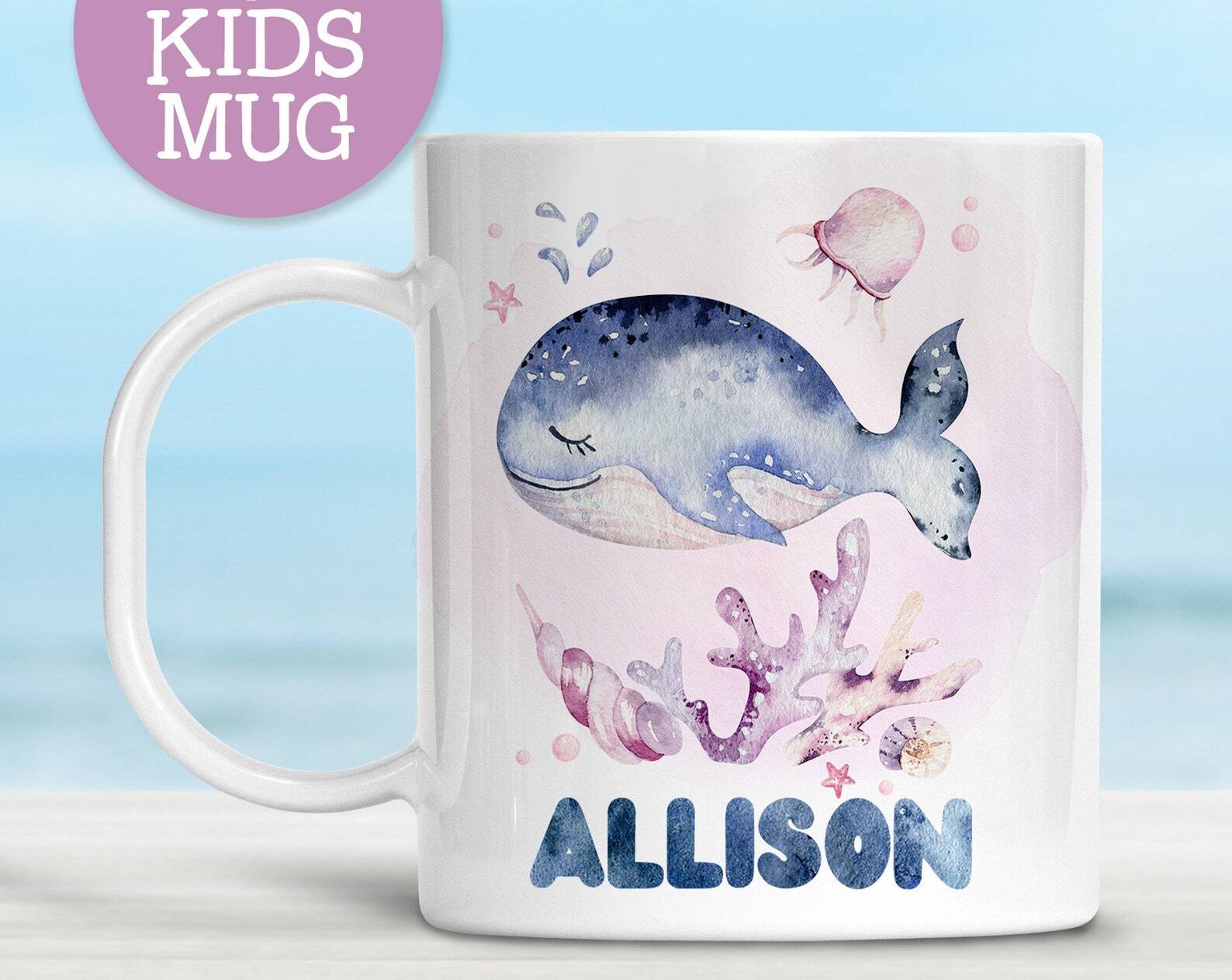 Kids Personalized Whale Mug Under The Sea Animals Cute Dishwasher Safe