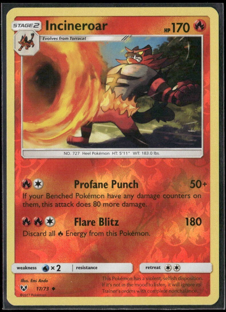 2017 Shining Legends Set Pokemon Card 17  Incineroar Reverse Foil LP