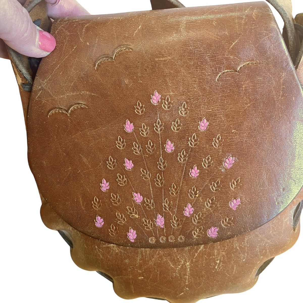 Women Genuine Cow Leather Shoulder Bag Purse Flower Embossed