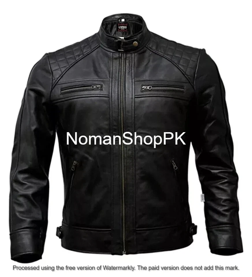 New Men’s Leather Biker Jacket Café Racer Slim Fit Motorcycle Coat Black Leather