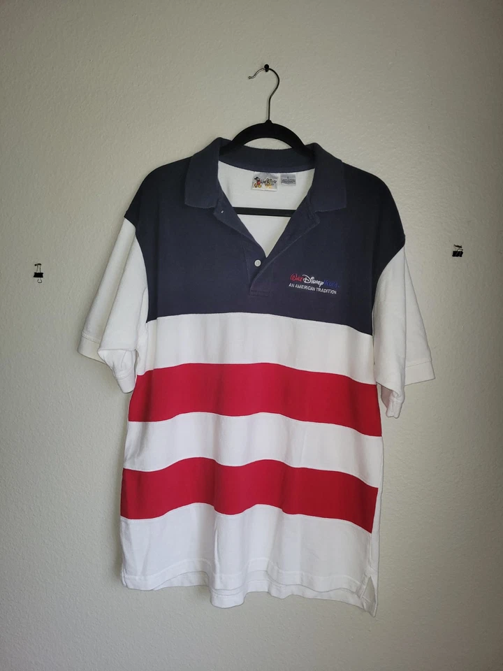 Polo vintage de Castmember House Disneyland rojo/blanco/azul para hombre L envío gratuito Foto 2 de 4