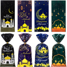 Eid Mubarak Cellophane Treat Bags, 100Pcs Ramadan Plastic Clear Goodie Bags with