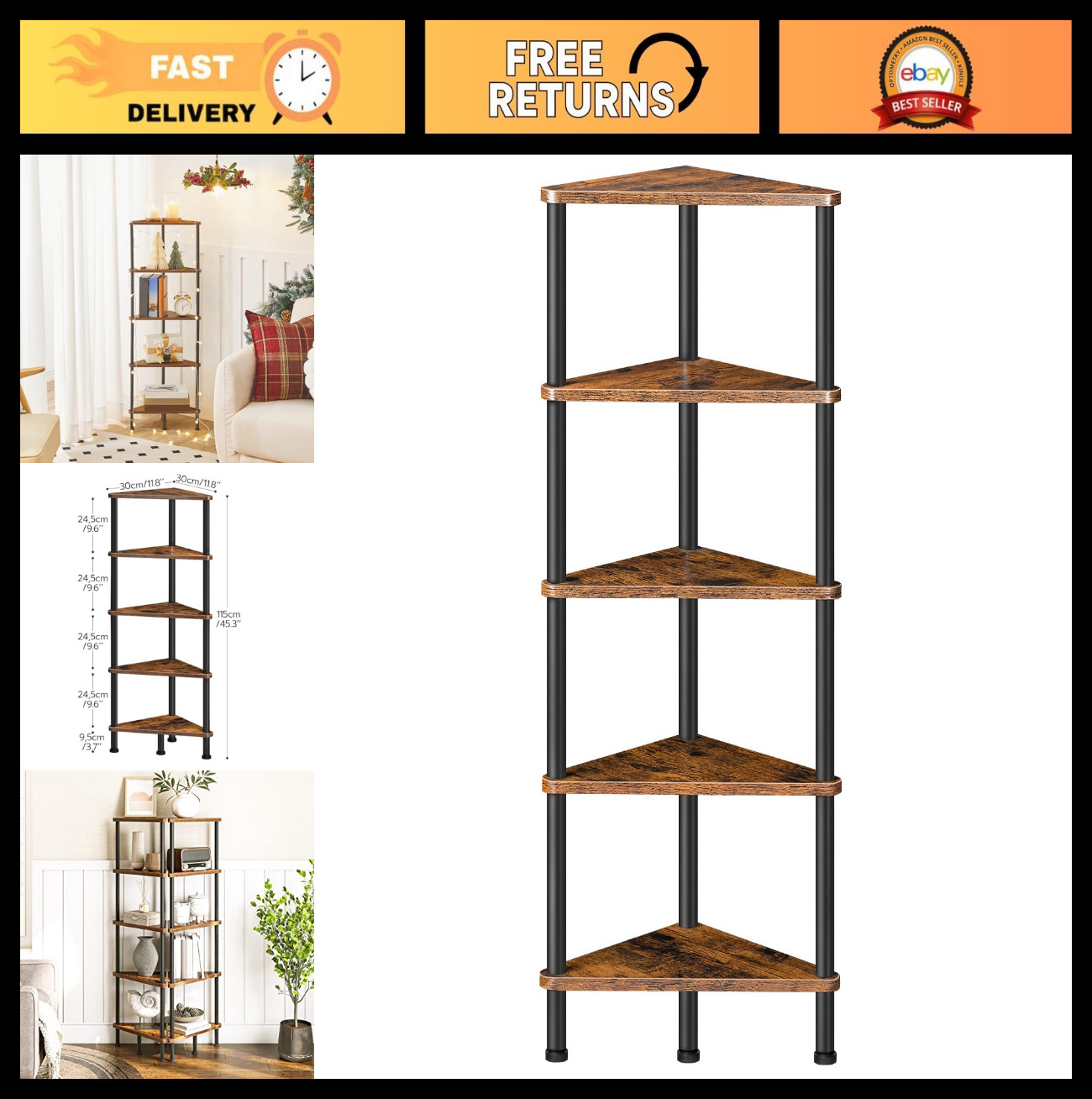 Industrial 5-Tier Corner Shelf, Metal Frame Bookcase for Small Spaces, Rustic Br