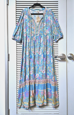 #ad blue pink floral ruffle hem maxi long dress L $36.00