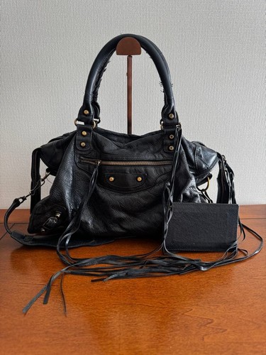 BALENCIAGA Leather Shoulder Bag Black City With Fringe Elegant Everyday Women