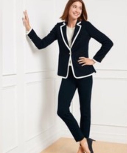 NWT Talbots Petite Navy Pique Italian Knit Preppy Aberdeen Blazer Jacket 16 16 P - Picture 2 of 2