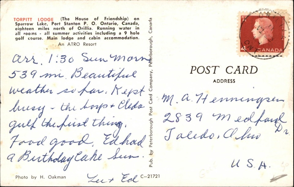 Aerial Torpit Lodge Sparrow Lake Ontario Canada vintage postcard o796 ...