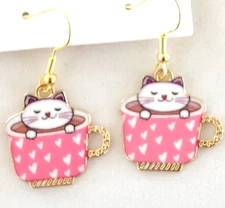 Cute! NEW KITTY CAT IN TEACUP ENAMEL & GOLD TONE DROP DANGLE EARRINGS