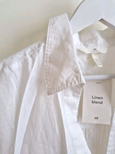 H&M White Linen Blend Tunic Long Shirt 3/4 Sleeves Langenlook V Neck Top Blouse - Picture 6 of 16